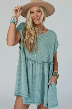 Online Dear-Lover Corded Knit Textured Patched Pocket Frilled Swing Mini Dress with Pockets Canton