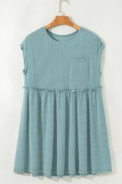 Online Dear-Lover Corded Knit Textured Patched Pocket Frilled Swing Mini Dress with Pockets Canton
