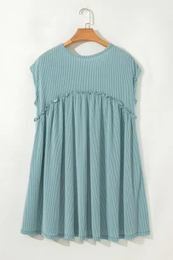 Online Dear-Lover Corded Knit Textured Patched Pocket Frilled Swing Mini Dress with Pockets Canton