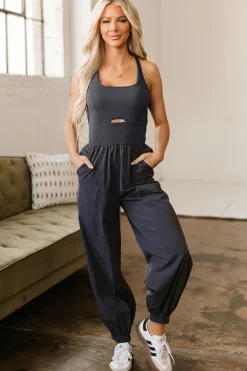 Online Dear-Lover Back Crossed Straps Hollow Out Jogger Jumpsuit Carbon Grey