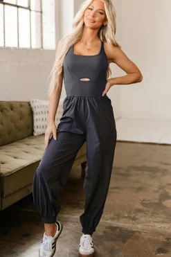 Online Dear-Lover Back Crossed Straps Hollow Out Jogger Jumpsuit Carbon Grey