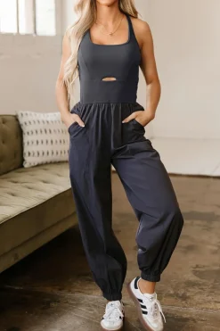 Online Dear-Lover Back Crossed Straps Hollow Out Jogger Jumpsuit Carbon Grey