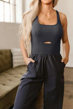 Online Dear-Lover Back Crossed Straps Hollow Out Jogger Jumpsuit Carbon Grey