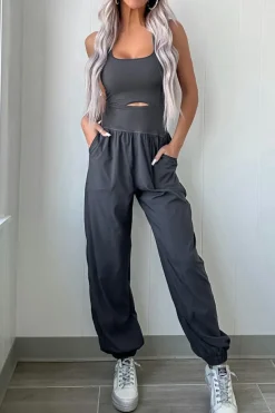 Online Dear-Lover Back Crossed Straps Hollow Out Jogger Jumpsuit Carbon Grey