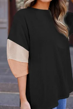 Clearance Dear-Lover Color Block Ribbed Knit Quarter Sleeve Top Carbon Grey