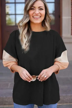 Clearance Dear-Lover Color Block Ribbed Knit Quarter Sleeve Top Carbon Grey