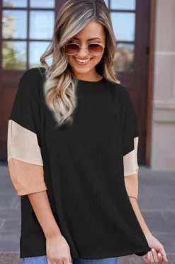 Clearance Dear-Lover Color Block Ribbed Knit Quarter Sleeve Top Carbon Grey