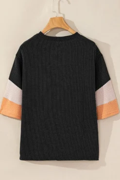 Clearance Dear-Lover Color Block Ribbed Knit Quarter Sleeve Top Carbon Grey