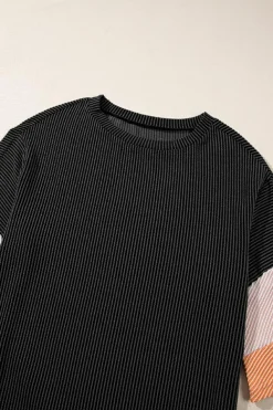 Clearance Dear-Lover Color Block Ribbed Knit Quarter Sleeve Top Carbon Grey