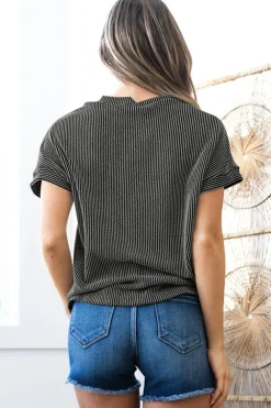 Hot Dear-Lover Corded Knit Color Block Pocketed Crew Neck T Shirt Carbon Grey