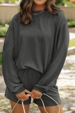 Online Dear-Lover Corded Knit Long Sleeve Top and High Waist Shorts Set Carbon Grey