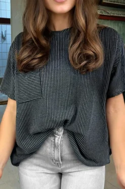 Discount Dear-Lover Corded Knit Pocketed Loose Fit T Shirt Carbon Grey