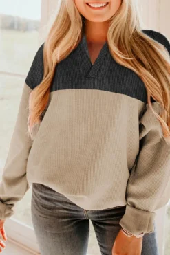 Discount Dear-Lover Notched Neck Colorblock Corded Sweatshirt Carbon Grey