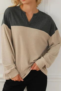 Discount Dear-Lover Notched Neck Colorblock Corded Sweatshirt Carbon Grey