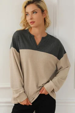 Discount Dear-Lover Notched Neck Colorblock Corded Sweatshirt Carbon Grey