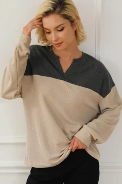 Discount Dear-Lover Notched Neck Colorblock Corded Sweatshirt Carbon Grey