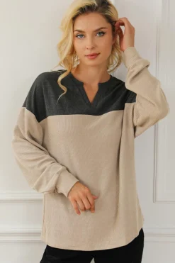 Discount Dear-Lover Notched Neck Colorblock Corded Sweatshirt Carbon Grey