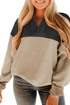 Discount Dear-Lover Notched Neck Colorblock Corded Sweatshirt Carbon Grey