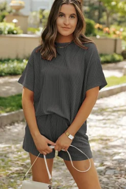 New Dear-Lover Ribbed Textured Knit Loose Fit Tee and Shorts Set Carbon Grey