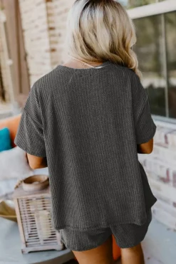 New Dear-Lover Ribbed Textured Knit Loose Fit Tee and Shorts Set Carbon Grey