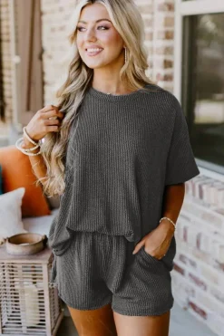 New Dear-Lover Ribbed Textured Knit Loose Fit Tee and Shorts Set Carbon Grey