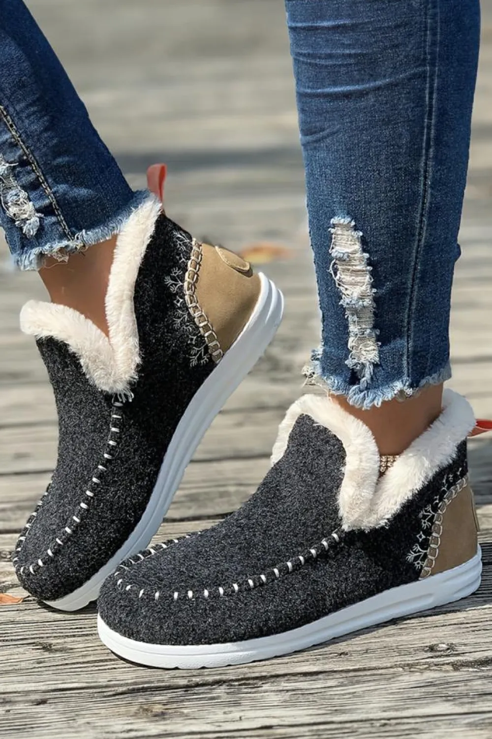 Sale Dear-Lover Suede Stitching Patchwork Plush Lined Anklet Boots Carbon Grey