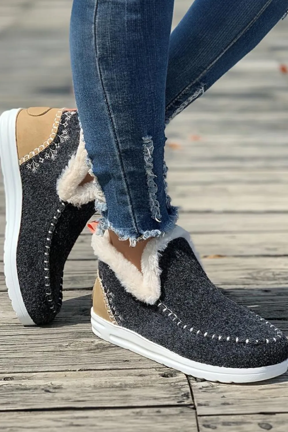 Sale Dear-Lover Suede Stitching Patchwork Plush Lined Anklet Boots Carbon Grey