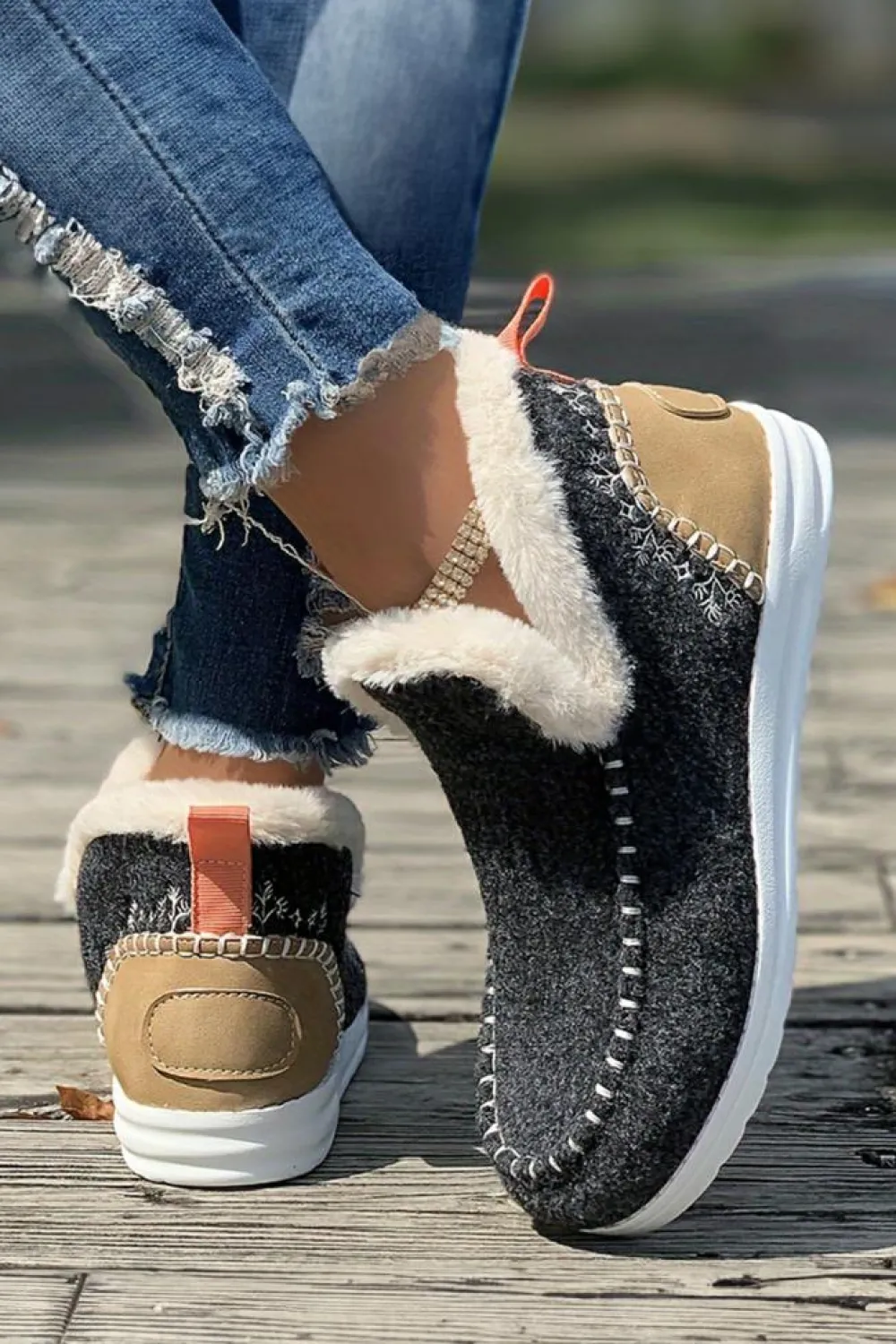 Sale Dear-Lover Suede Stitching Patchwork Plush Lined Anklet Boots Carbon Grey