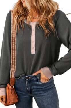 Online Dear-Lover Textured Contrast Stitching Henley Top Carbon Grey