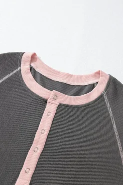 Online Dear-Lover Textured Contrast Stitching Henley Top Carbon Grey