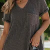 Fashion Dear-Lover Twist Short Sleeve Corded V Neck Top Carbon Grey