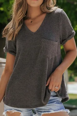 Fashion Dear-Lover Twist Short Sleeve Corded V Neck Top Carbon Grey