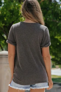Fashion Dear-Lover Twist Short Sleeve Corded V Neck Top Carbon Grey