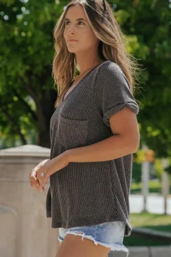 Fashion Dear-Lover Twist Short Sleeve Corded V Neck Top Carbon Grey