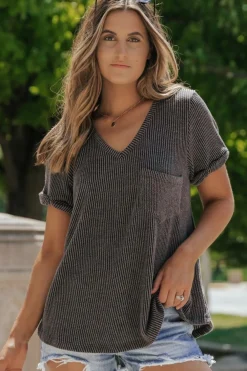 Fashion Dear-Lover Twist Short Sleeve Corded V Neck Top Carbon Grey
