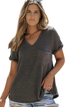 Fashion Dear-Lover Twist Short Sleeve Corded V Neck Top Carbon Grey