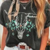 Sale Dear-Lover Vintage Western Bull Head Skull Turquoise Aztec Graphic T Shirt Carbon Grey