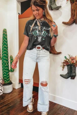 Sale Dear-Lover Vintage Western Bull Head Skull Turquoise Aztec Graphic T Shirt Carbon Grey