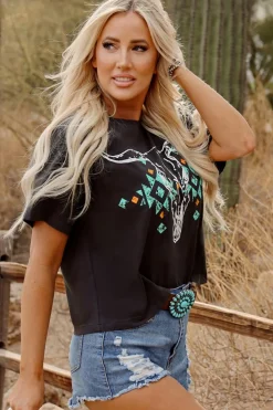Sale Dear-Lover Vintage Western Bull Head Skull Turquoise Aztec Graphic T Shirt Carbon Grey