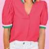 Hot Dear-Lover Colorful Trim V Neck Short Sleeve Blouse Carrot