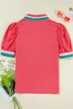 Hot Dear-Lover Colorful Trim V Neck Short Sleeve Blouse Carrot