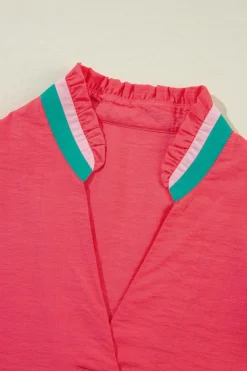 Hot Dear-Lover Colorful Trim V Neck Short Sleeve Blouse Carrot