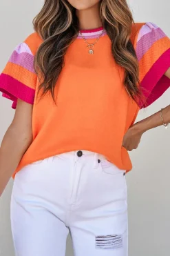 Discount Dear-Lover Contrast Flutter Sleeves Knitted Sweater T Shirt Carrot