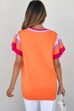 Discount Dear-Lover Contrast Flutter Sleeves Knitted Sweater T Shirt Carrot
