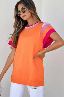 Discount Dear-Lover Contrast Flutter Sleeves Knitted Sweater T Shirt Carrot