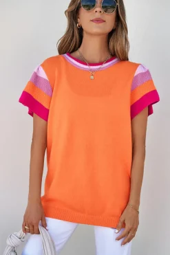Discount Dear-Lover Contrast Flutter Sleeves Knitted Sweater T Shirt Carrot