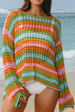 Online Dear-Lover Multi Stripe Open Knit Sweater Beach Cover Up Carrot