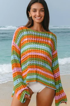 Online Dear-Lover Multi Stripe Open Knit Sweater Beach Cover Up Carrot