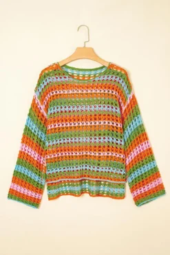 Online Dear-Lover Multi Stripe Open Knit Sweater Beach Cover Up Carrot