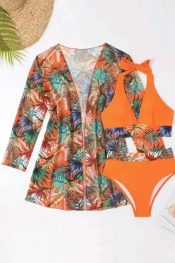 Online Dear-Lover 3pcs Tropical Contrast Trim Halter Bikini Set with Cover up Carrot